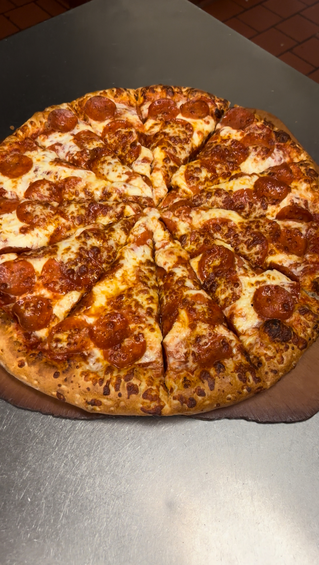 Classic pepperoni pizza fresh from the oven